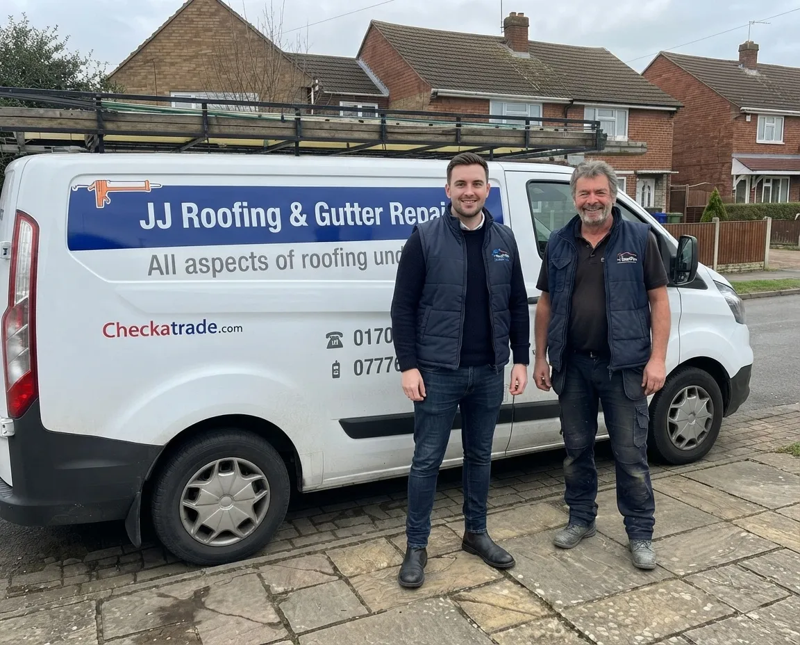 A TradesPro representative with the owner of JJ Roofing & Gutter Repairs, beside their van